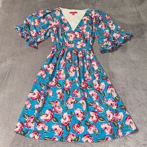 Betsey Johnson Women's-Size:6 -Floral Dress 3/4 Sleeve Ruffle -Knee Length Lined